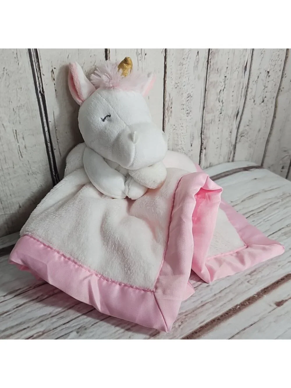 Carters White Unicorn Plush Pink Satin Trim Security Blanket Lovey Gold Horn